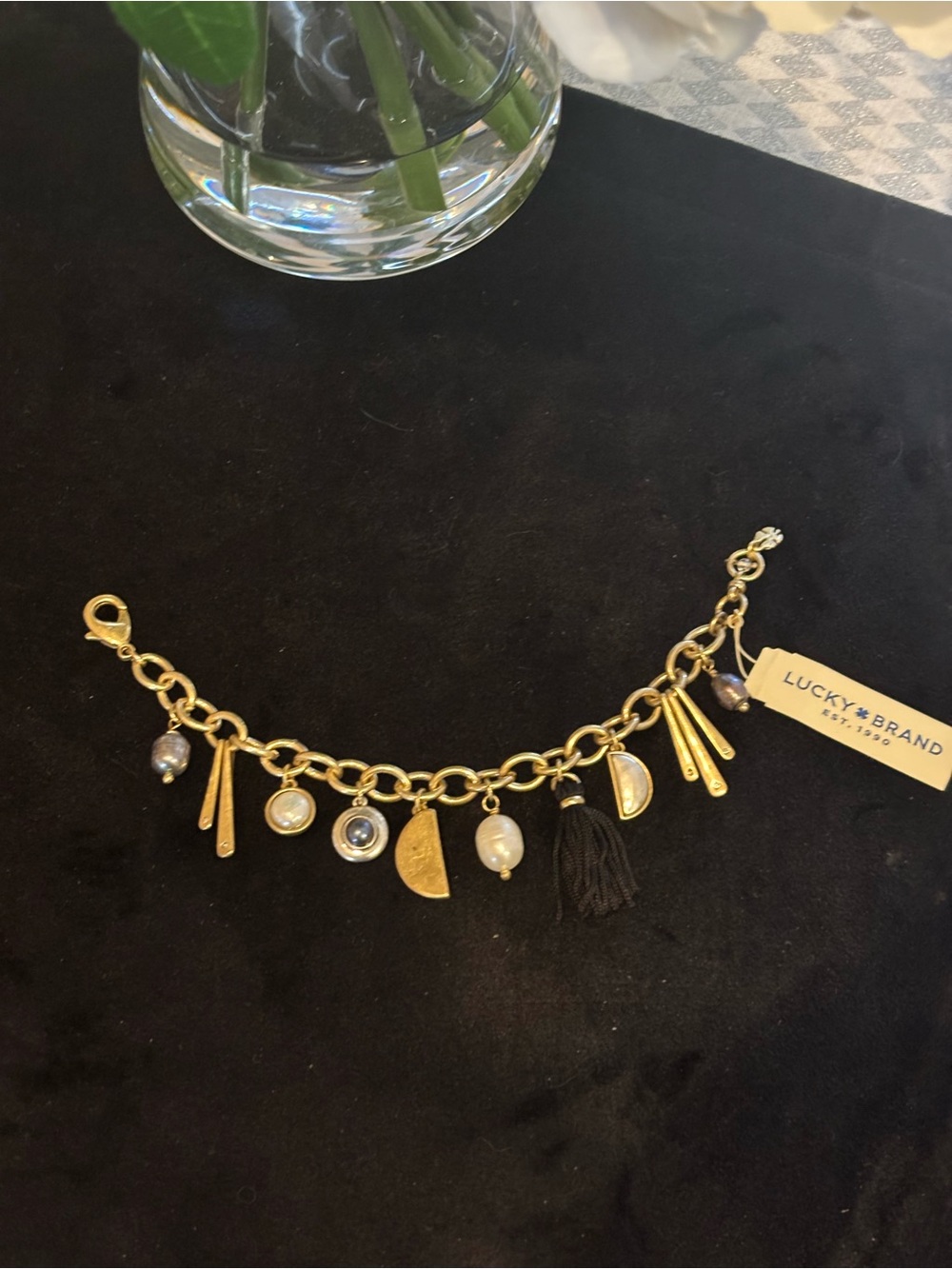 Lucky Brand Gold-Tone Charm Bracelet with Black Tassel and Pearl Charms